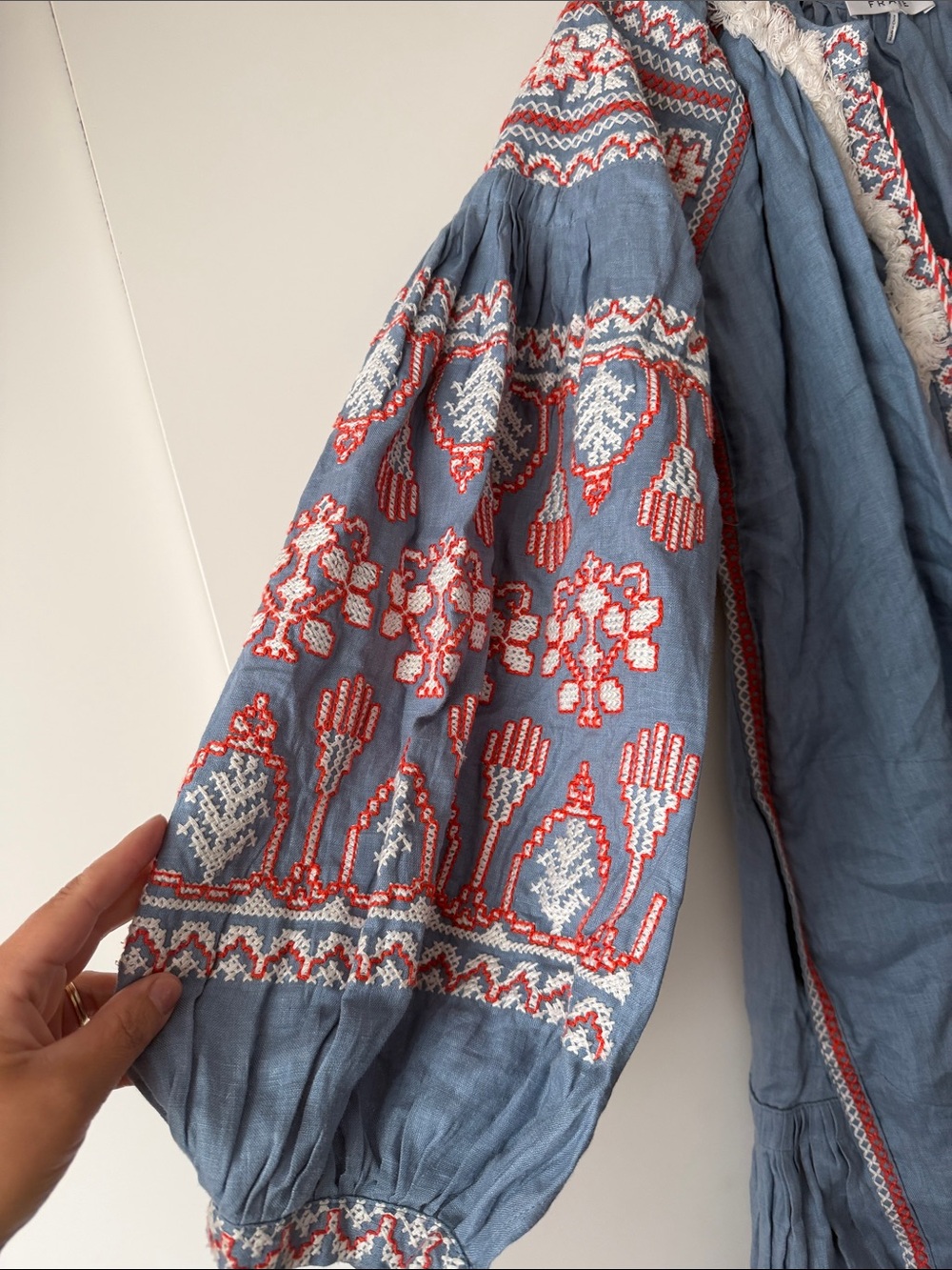 Frame Denim Light Blue Embroidered Dress with Red Tassels - Picture 3 of 6